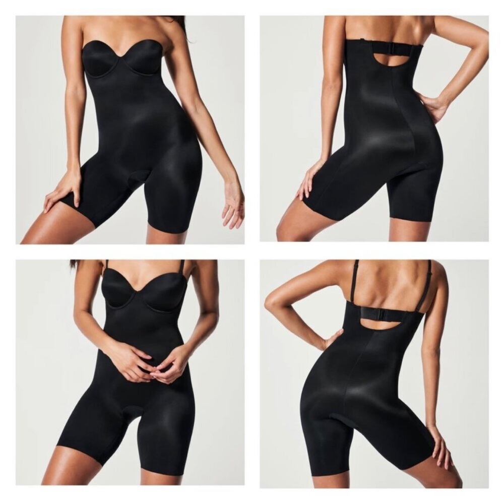 SPANX Suit Your Fancy Strapless Cupped Mid-Thigh Bodysuit Black Size Medium